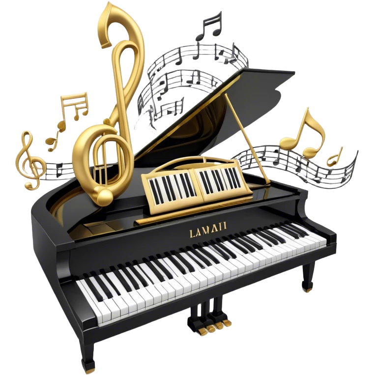 Create an elegant and festive emoji collage representing keyboard instruments, styled like a heraldic emblem. The design should feature a central focal point of black and white piano keys, arranged in a semi-circular or shield-like shape. Around the piano keys, add intertwining musical notes that form flowing ribbons, creating a dynamic and celebratory atmosphere. The design should be professional, with polished silver and gold accents on the keys and notes, highlighting the luxury and sophistication of the instruments. Add subtle shading and lighting effects to give the design a refined, 3D appearance. The background should remain transparent, and the overall feel should evoke grandeur, artistry, and a sense of celebration. emoji