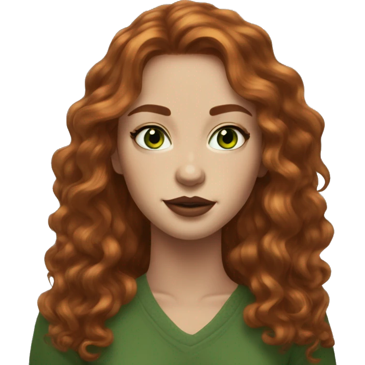 green eyes young woman central, small nose redhead long hair layers wavy freckles brown lipstick emoji