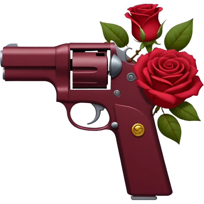 deep wine red (#7A0F1E) a pistol with roses wrapped around it emoji