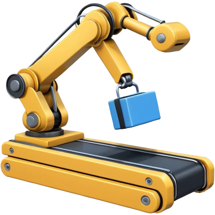 robot arm which is picking blue block on conveyor belt emoji