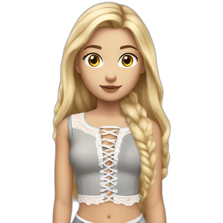 realistic nordic woman, long straight blonde hair, white lace up crop top, grey mini skirt, body emoji