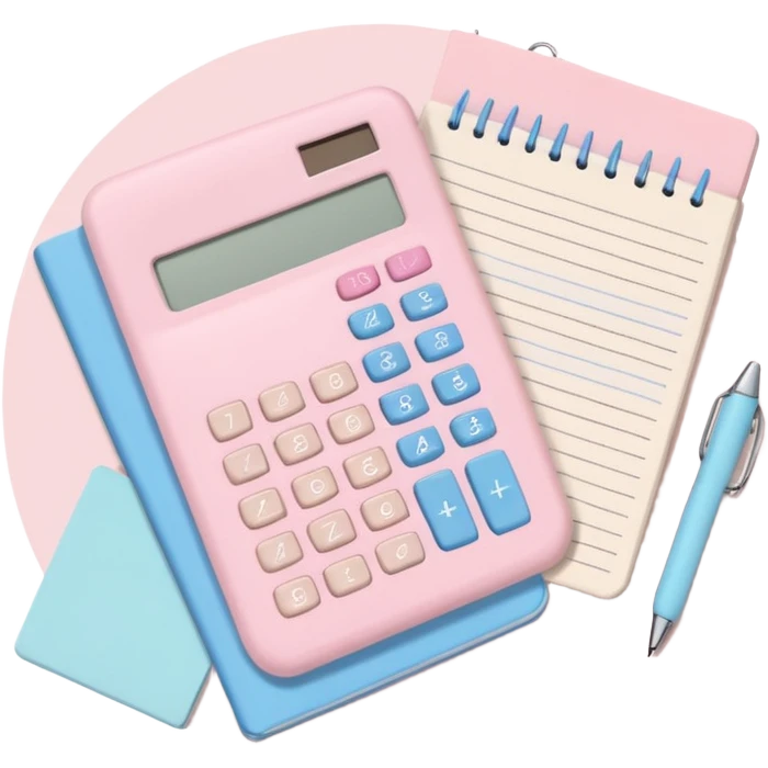 Soft pastel flatlay with pastel pink calculator, beige pen, and study notes  emoji