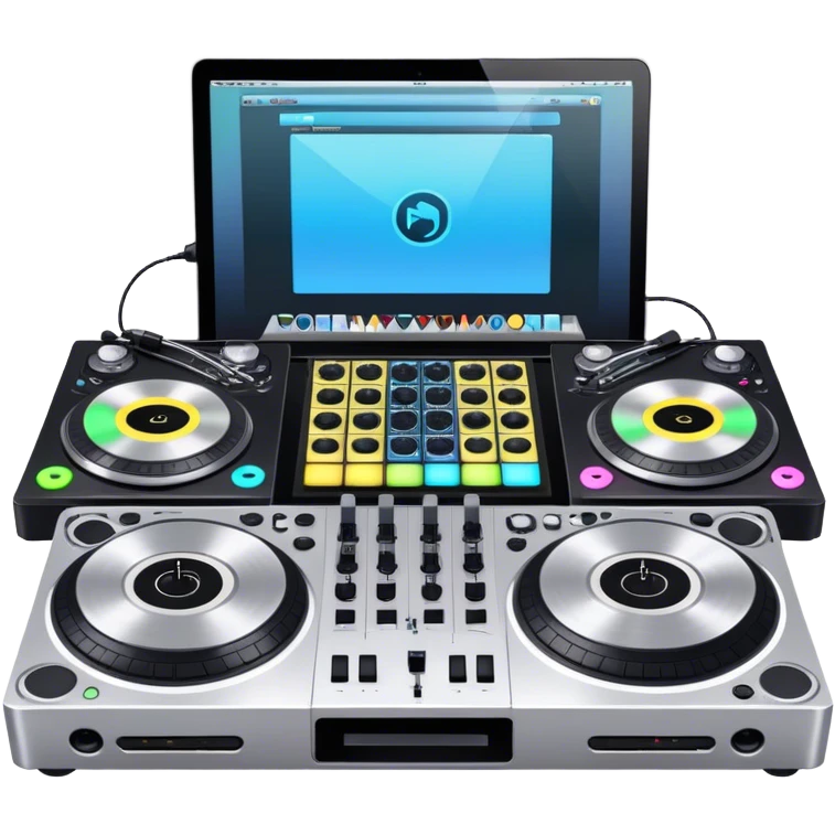 Create a professional and technical emoji that represents remixing music. The design should feature a high-end DJ controller, turntables with vinyl records, and a sound mixing console with faders to symbolize the technical aspects of remixing. Include elements like studio headphones and a laptop or digital audio workstation (DAW) screen to reflect the tools used in music production. Use colors like black, silver, and neon accents to convey the professional, high-tech nature of remixing. The background should be transparent. emoji