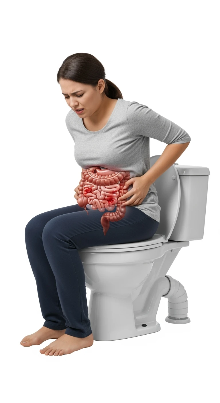 DONNA CON PANCIA DOLORANTE E INTESTINO UMANO ANATOMICO VISIBILE seduta sul wc che si sforza, ISOLATO SU SFONDO BIANCO emoji