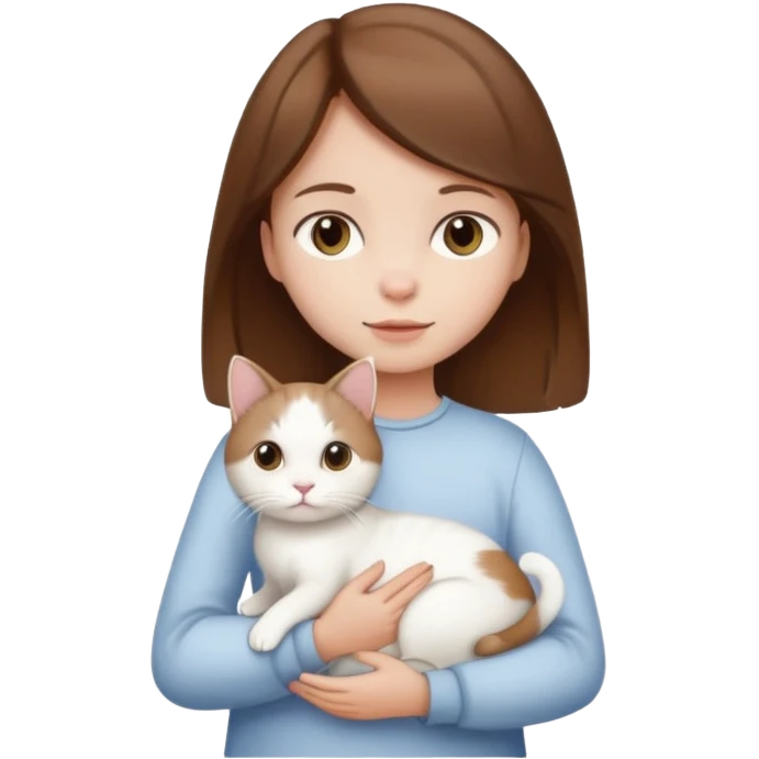 small girl with brown hair holding a white cat, standing emoji