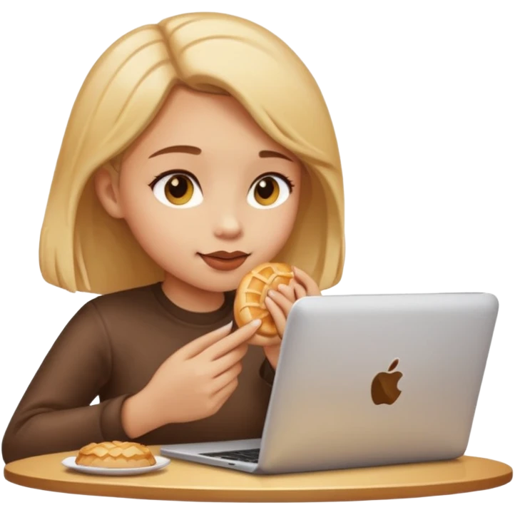 a girl looking in her computer a pastrie with good food  emoji