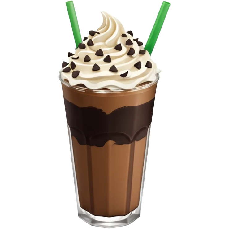 Vaso de vidrio con Frappé color café, crema en la parte superior con popote verde insertado en la crema, agregar encima de la crema chispas de chocolate. Colocar arriba de la crema insertada una galleta tipo oreo. emoji