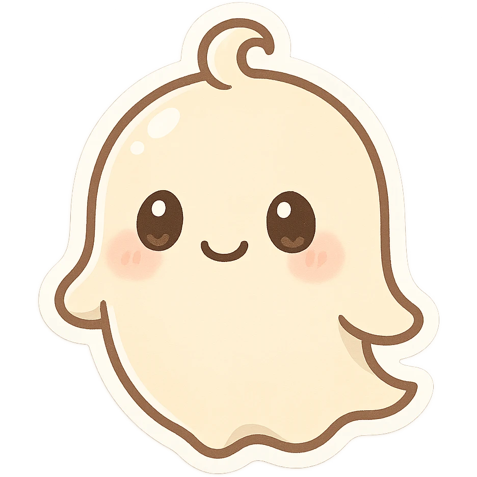 chibi ghost sticker with small swirl on head, soft shadows, glossy highlights, sweet smiling expression emoji