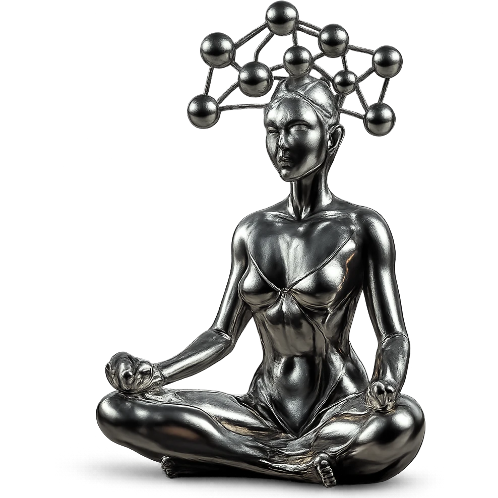 metallic chrome figure of a woman meditating, serene, with several chrome balls forming a net above her head emoji