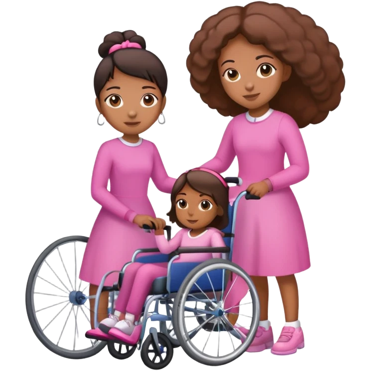 One tan skin sister standing behind her brown skin sister in a pink wheelchair emoji