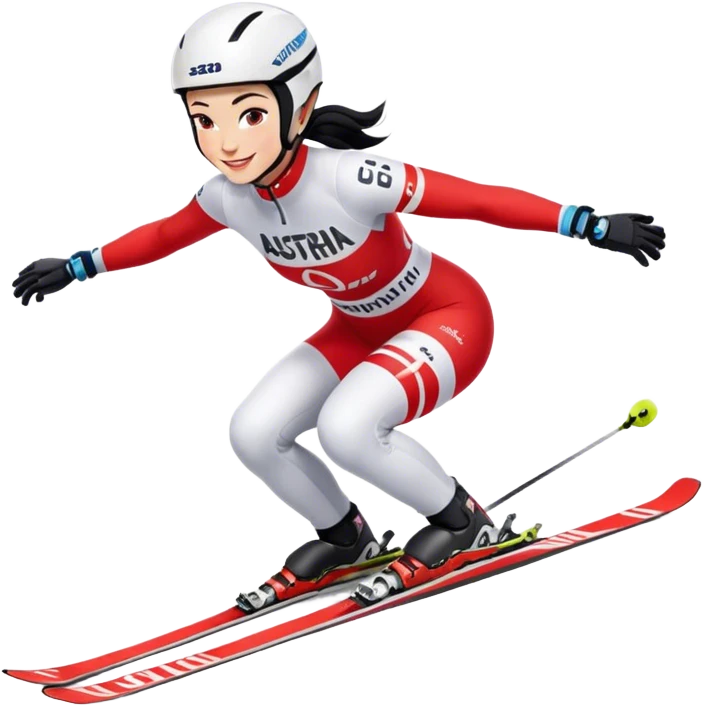 Ski racer downhill squat woman red white dress Austria lettering Ski Head lettering black hair smile emoji