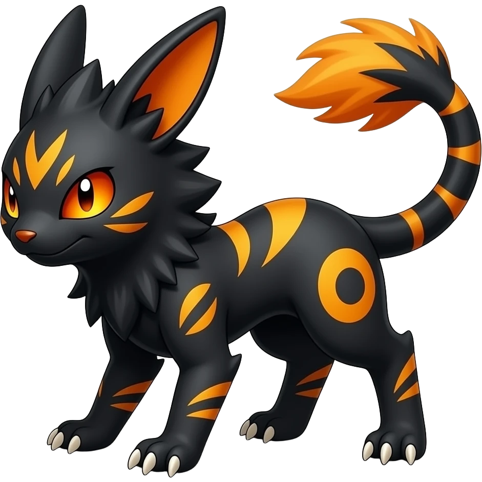 Rare realistic exotic edgy dark gothic gloomy spooky black and orange/yellow epic pretty beautiful handsome gorgeous aesthetic colorful vibrant Vernid-Trico-species-Fakemon-creature by LiLaiRa, 4 legs, 1 tail, random markings, (full body) emoji