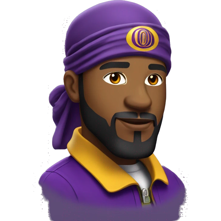 Omega psi phi man wearing a purple and gold letter man jacket a black durag on his head brown skinned black full beard and attractive  emoji