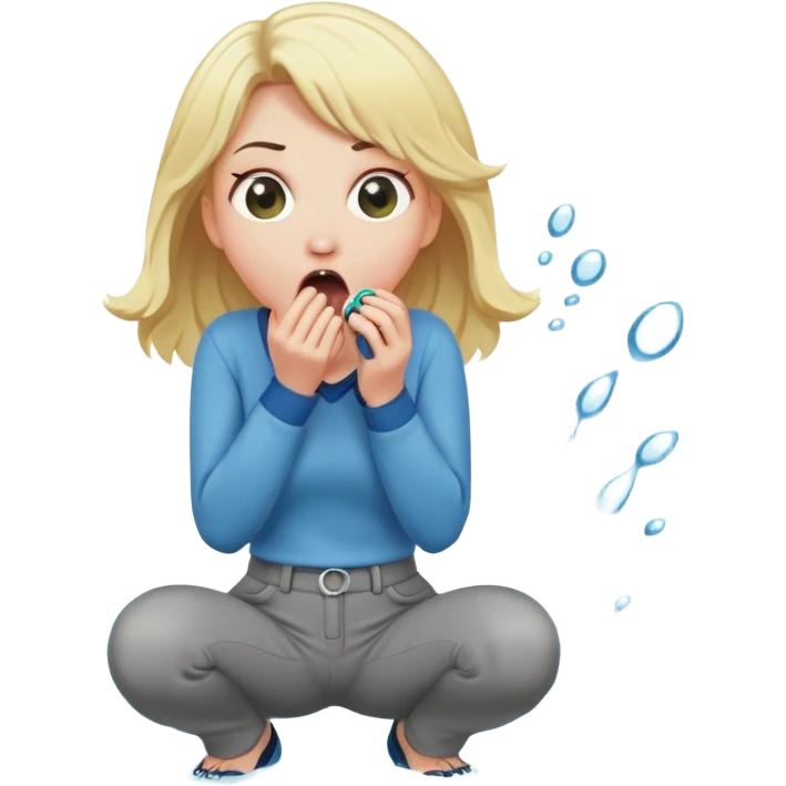 blond woman kneeling, shocked, playful cartoon stick with D-shaped knob and exaggerated features coming from trousers in front of her face, water jet into her mouth emoji