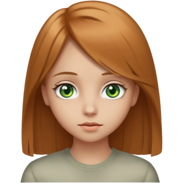 apple style emoji of a girl with light brown (русые) hair, 1A-1B straight hair texture, heterochromia: one green eye, one greyish eye emoji