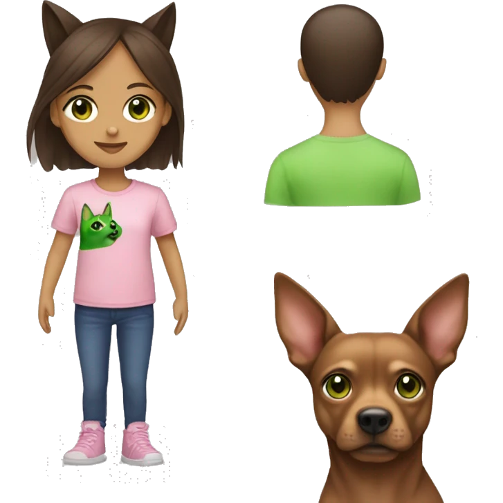 Mini brown pincher  and brunette girl with green eyes and pink t-shirt  emoji