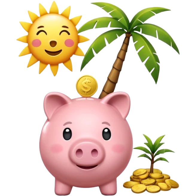 A simple emoji-style icon: A piggy bank with a coin dropping into it, next to a small palm tree and sun, symbolizing saving today for retirement tomorrow. Minimalist, clean design, consistent with emoji aesthetics. emoji