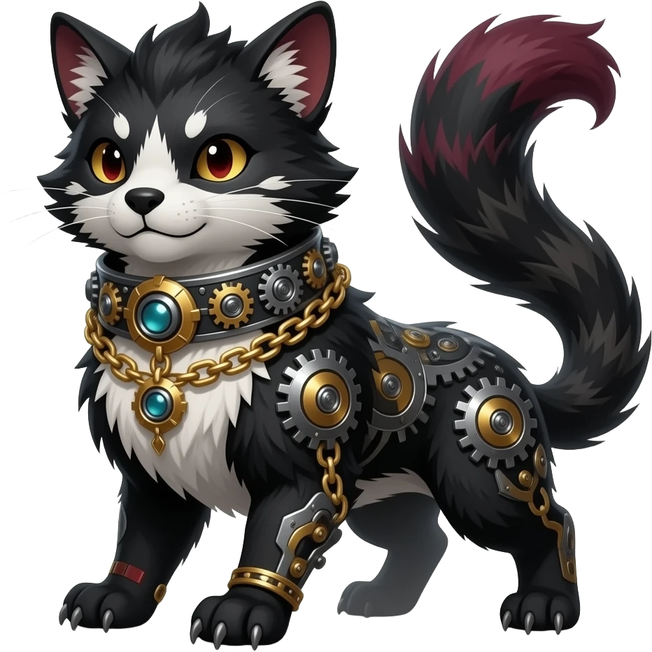 Epic complex divine glorious futuristic detailed dark dusky gloomy deep gothic sanguine-blood-maroon-black-white, realistic Fakémon-Sprigatito-Floragato-Meowscarada-Trico-Sergal-Serval-Vernid-creature (full body) with metal gears and metal collar with gold chains emoji