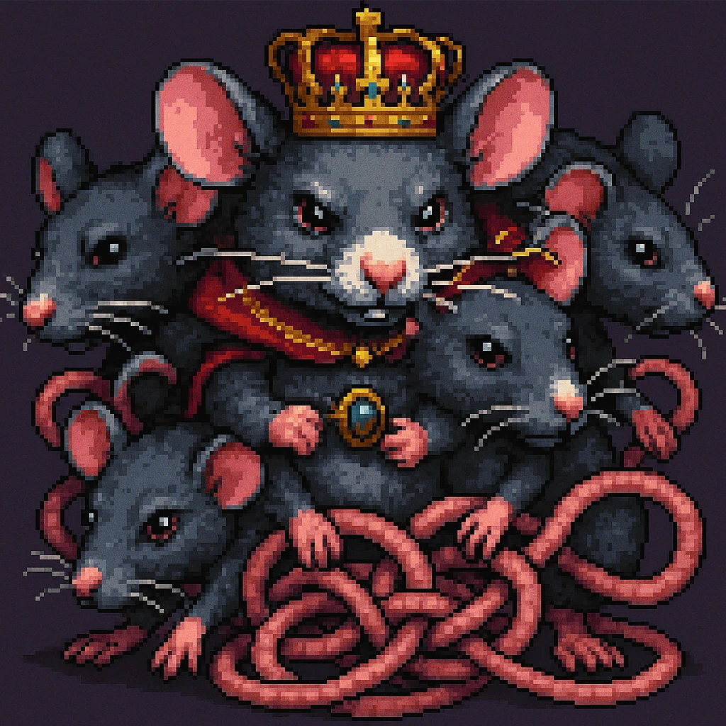 Enhance the image to show more tangled tails among the rats in a pixel art style. Emphasize the pixel art aesthetic with clear, blocky pixels and vibrant colors typical of pixel art. Increase the complexity and visibility of the tails to appear more intertwined and tangled, while maintaining the pixel art style. emoji
