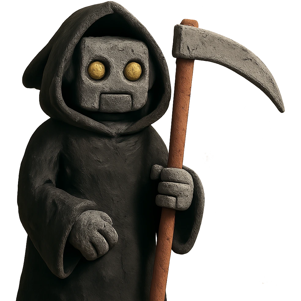 claymation style AI robot as the Grim Reaper with textured clay look, black cloak, holding a scythe emoji