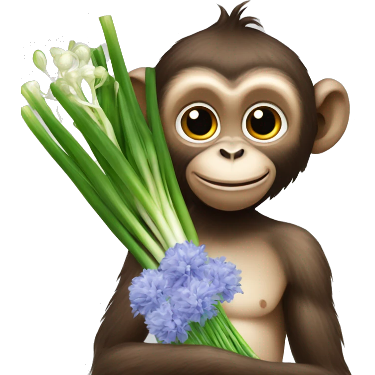 monkey holding a bouquet of onions and spring onions (it looks like a bouquet of flowers with beautiful wrappings) emoji