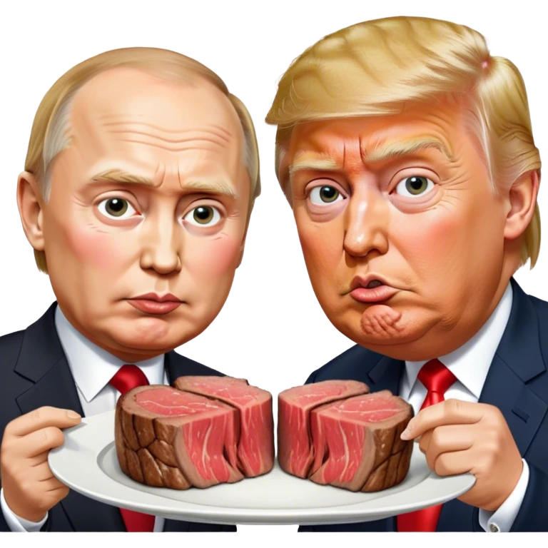 photorealistic Donald Trump and Putin eating a steak shaped like an piece of land emoji