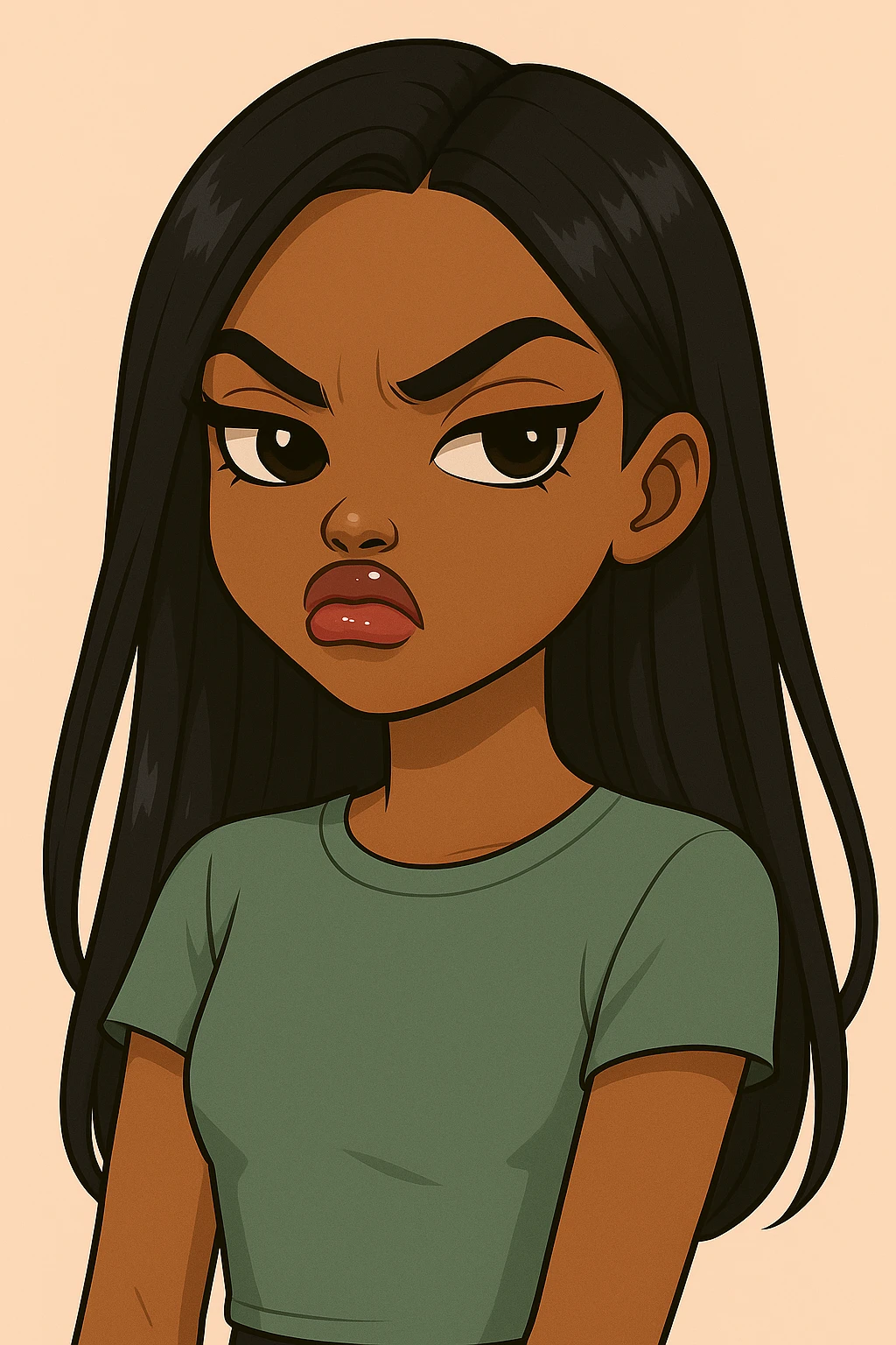 Remove the side-eye, make her look straight ahead with an angry, snooty attitude, nose turned up, headshot only, 20-year-old anime Bratz style woman with dark skin, straight hair, more casual outfit, big expressive eyes, glossy lips, no hat, no tears. emoji