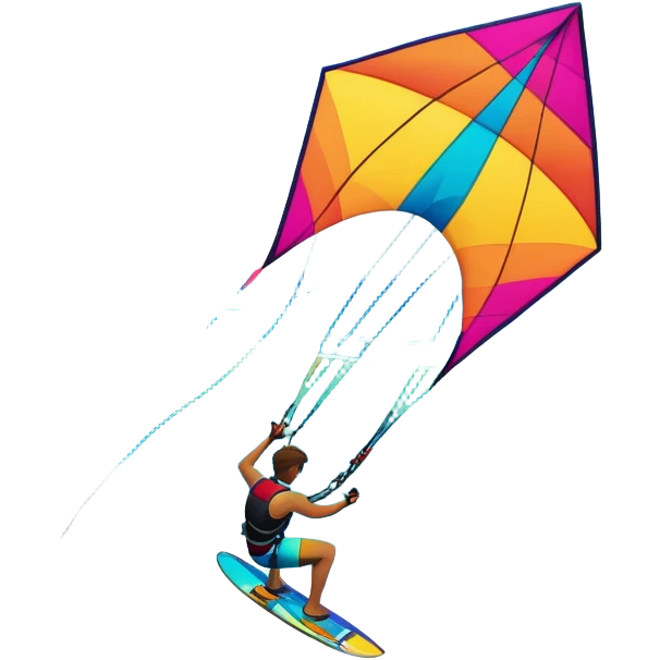 A vibrant kite soaring high in the sky, attached to a kiteboarder riding the waves below. The scene is filled with bright colors, capturing the energy of the sport. The background features the ocean, wind-blown waves, and a clear sky, showcasing the excitement and freedom of kiting. emoji