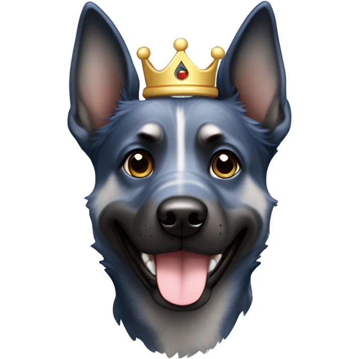 A smiling malinois dark blue merle without red color with a crown on his head emoji