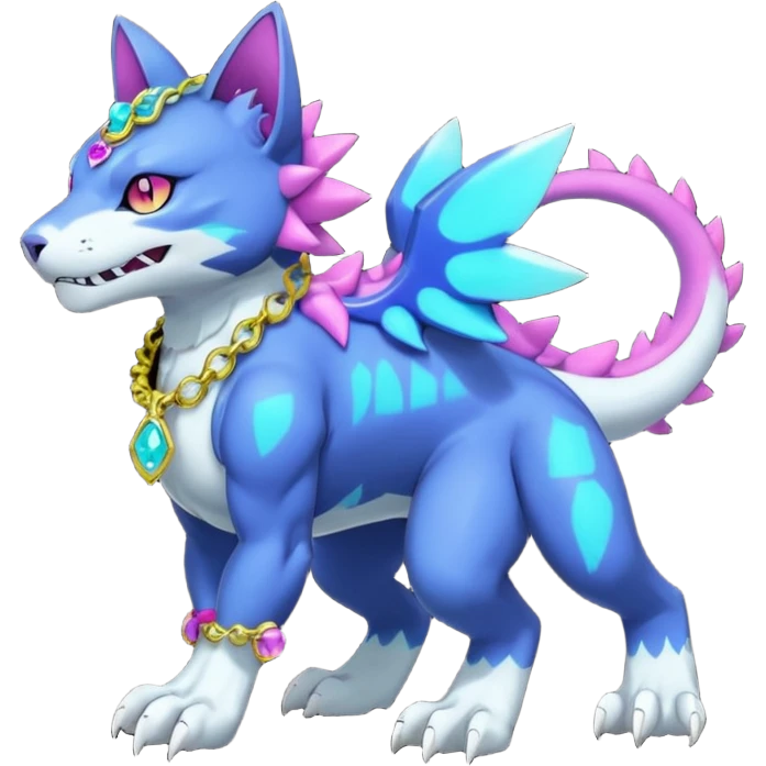Colorful neon glowing abyssal garurumon-purloin-feline-Fakemon-Digimon-creature wearing a cool casual fashionable aesthetic clothes and accessories and jewelries and apparels fursona (full body)  emoji