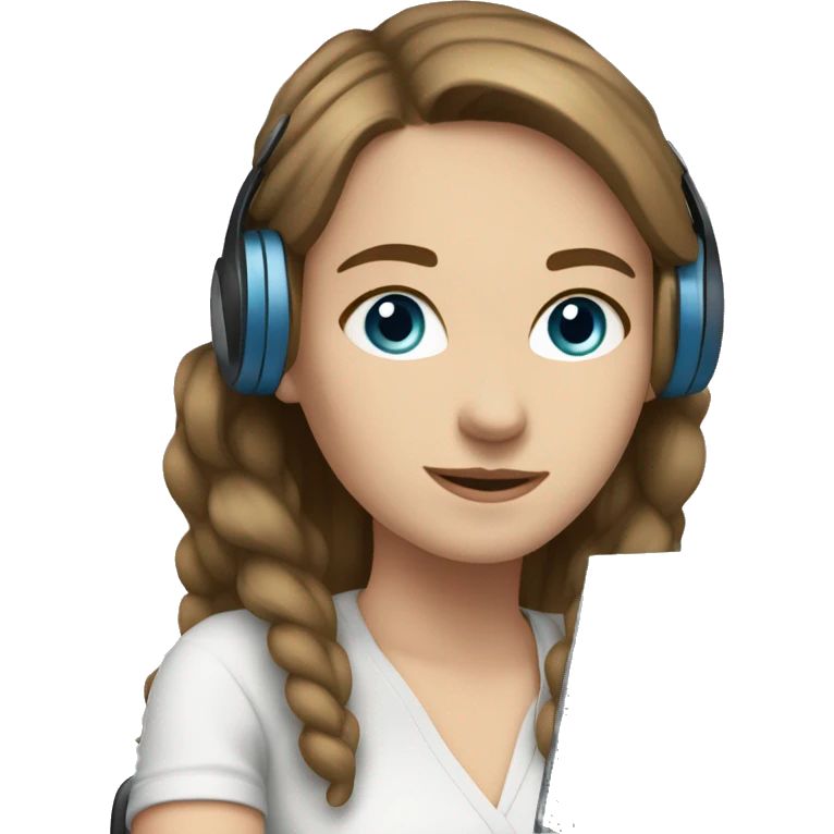 white girl at desk, brown hair, ponytail, blue eyes, computer, headphones emoji
