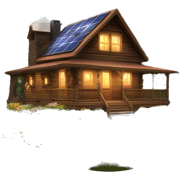 Skywalker Cabin is a clean Very big Wood Cabin near tree on the mountain in the background. with fancy solar arrays on top. The cabin sits on thick grass fields. porch lights on ,guests on porch smoking cigarettes, springtime flowers and bushes nearby emoji