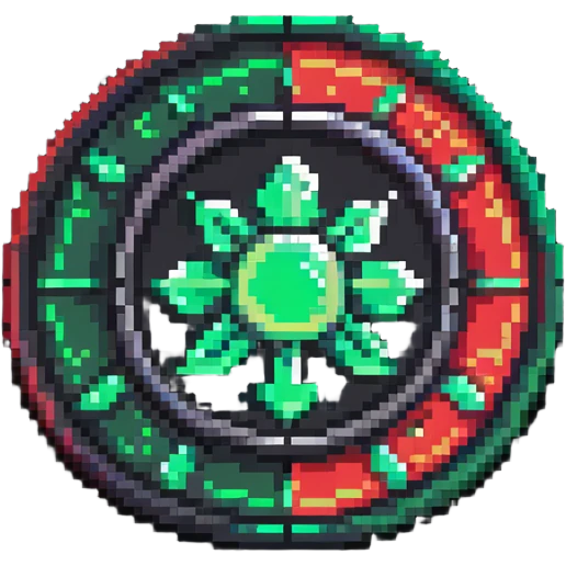 Member medallion with green to red gradient aura and pixel art details emoji