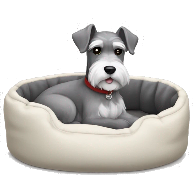 Grey and white mini schnauzer full body asleep in dog bed      emoji