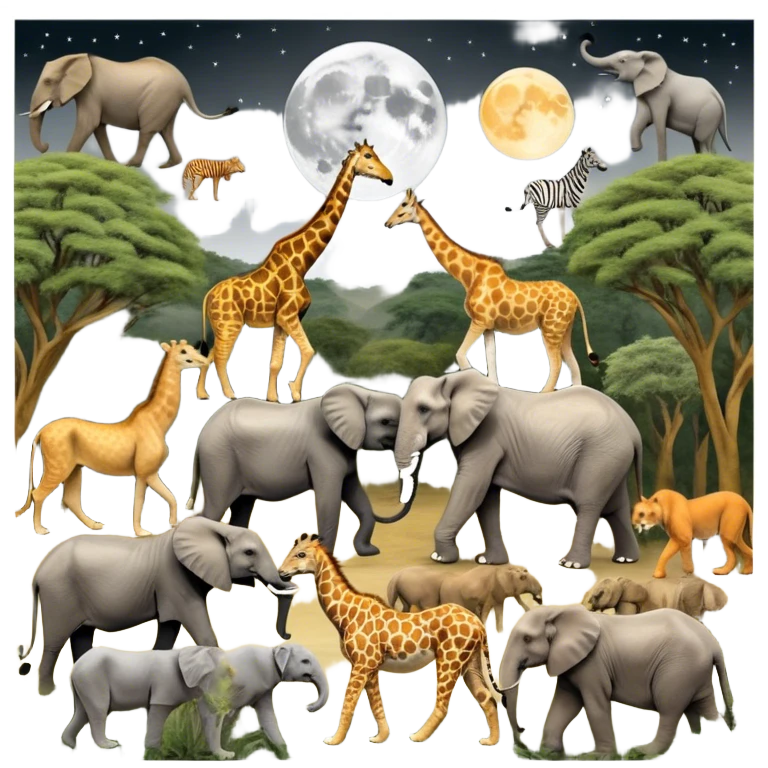 Collage of wild animals like lions, elephants, tigers, giraffes, and wolves in their natural habitats. Lions roam the savannah, elephants walk through forests, tigers crouch in the jungle, giraffes nibble trees, and wolves howl under the moon. Vibrant, nature-filled background. emoji