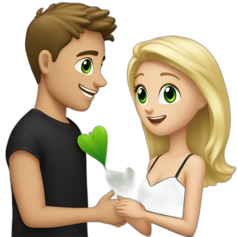 Brunette boy proposing to a blonde girl with green eyes and in black mini dress emoji