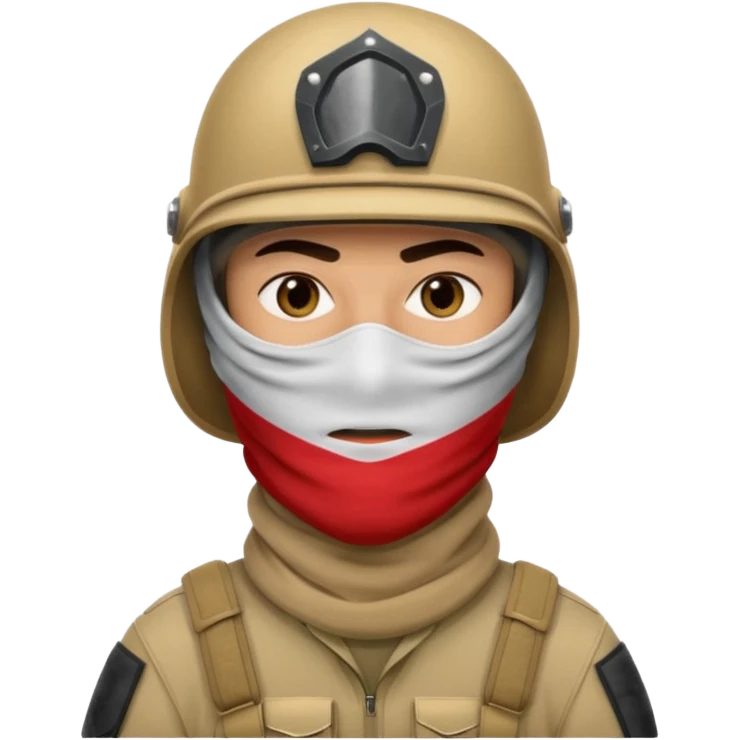 
an Iraqi soldier with a serious face, wearing a helmet and a balaclava covering his mouth emoji