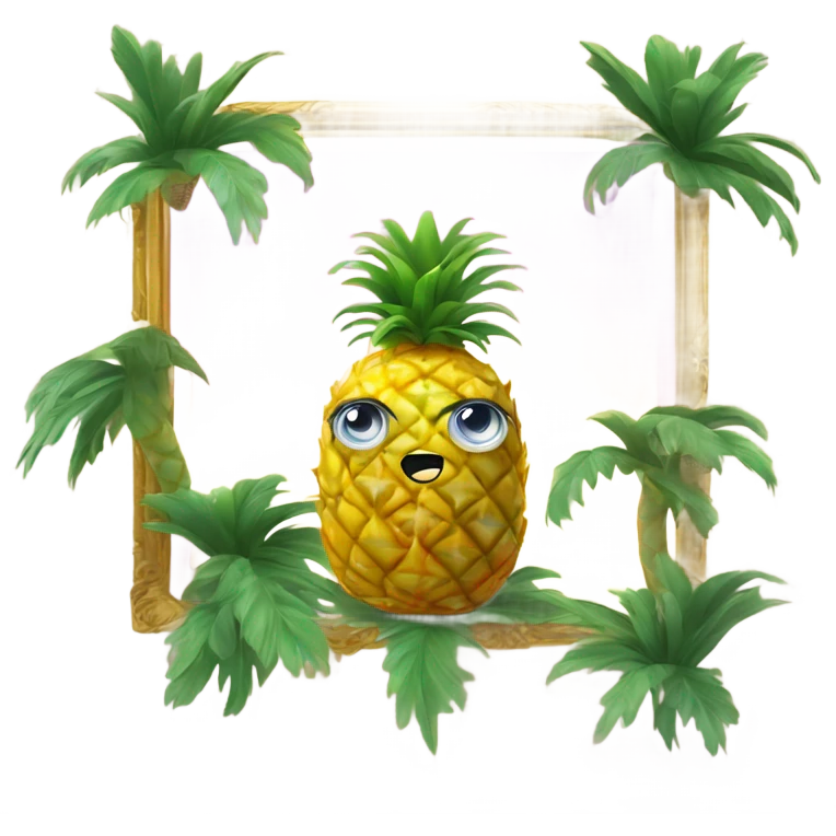 3D elegant pineapple🍍  with big shiny eyes 👀 pineapple holds mirror with its reflection 🪞🍍 emoji