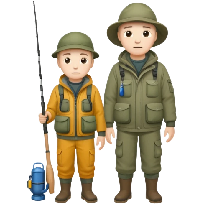 Father and son in fishing gear gesturing that they are cold, full body emoji