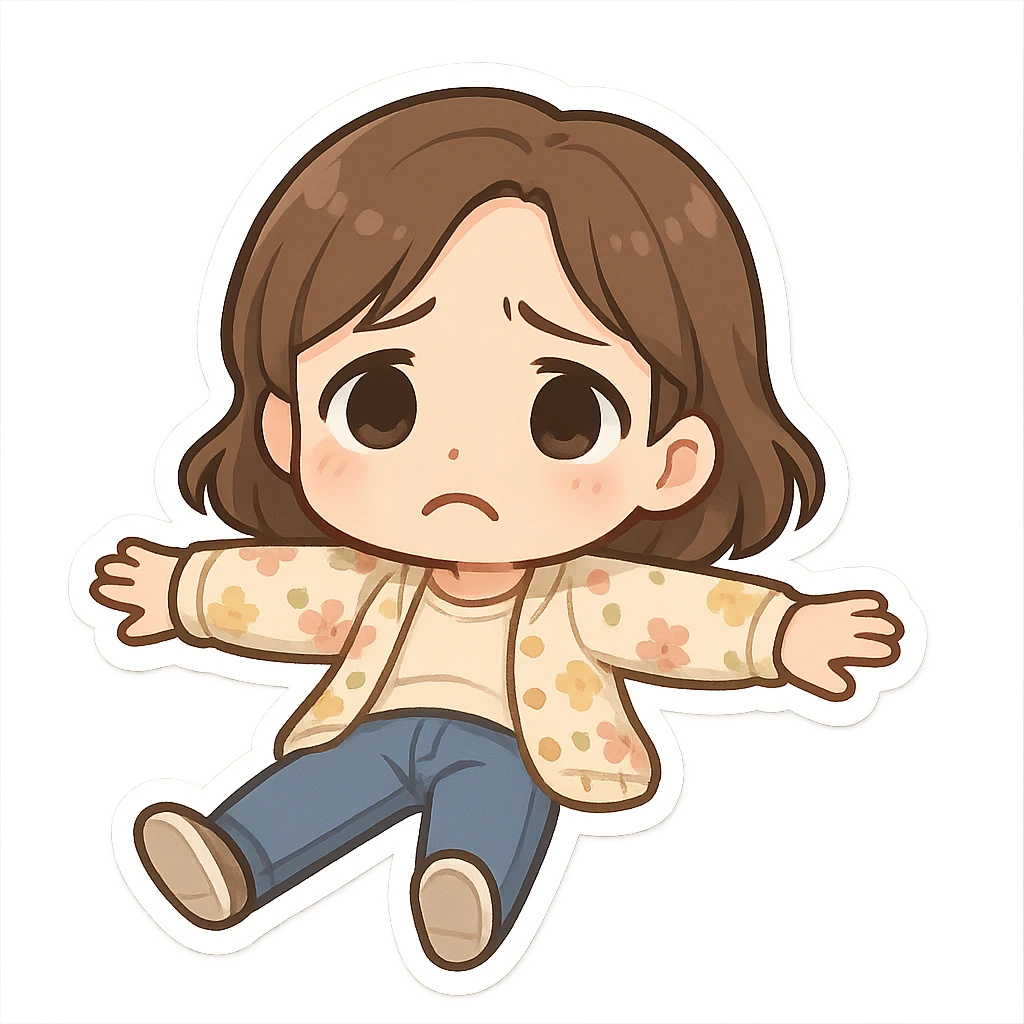 3D chibi style high-quality rendering with smooth shadows and soft gradients, girl based on reference image preserving facial features and hairstyle, wearing jeans and pastel floral cardigan, thick white outline like a sticker, lying flat on the floor arms spread looking sad emoji