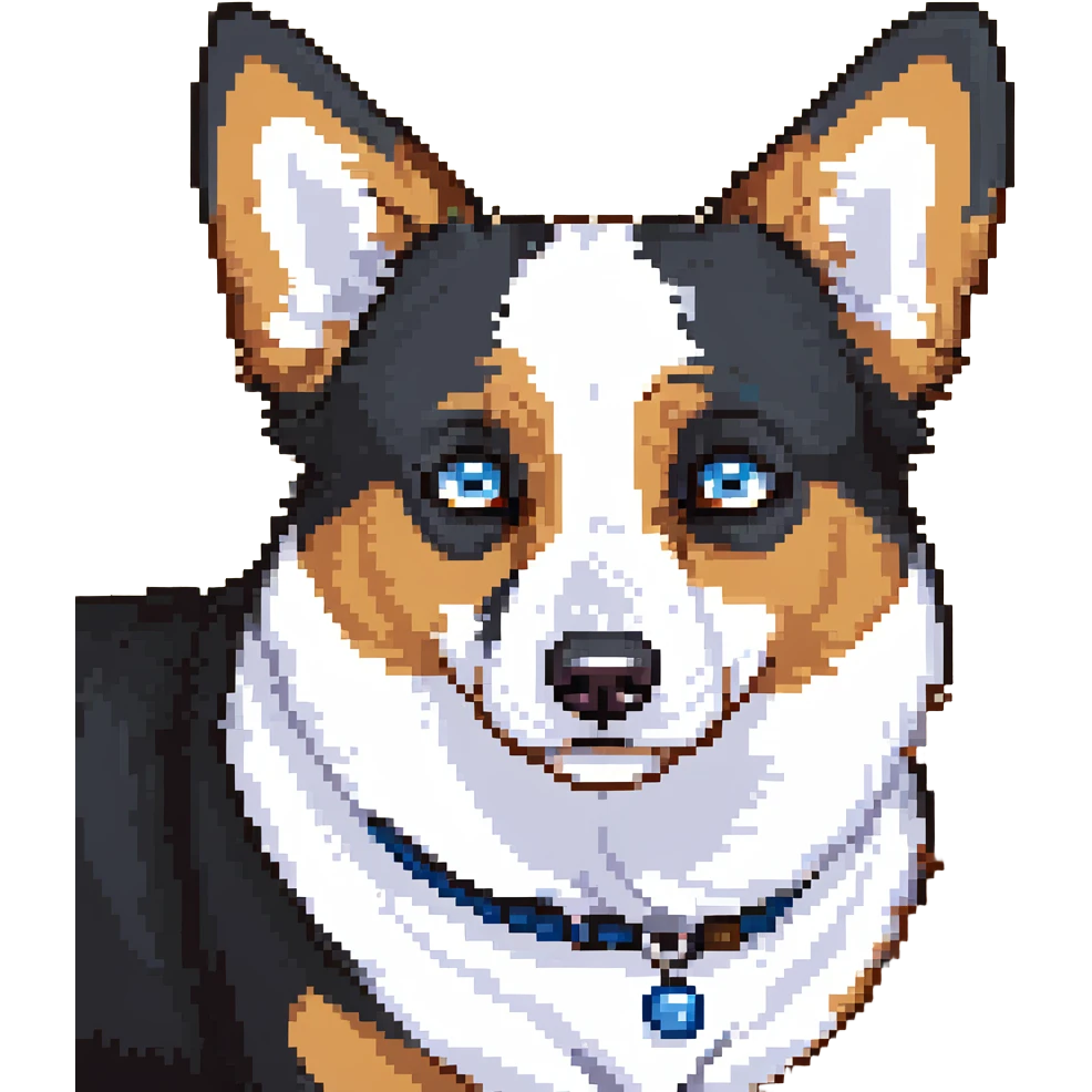 scared corgi, black fur, white underbelly, heterochromia, one brown eye, one blue eye emoji