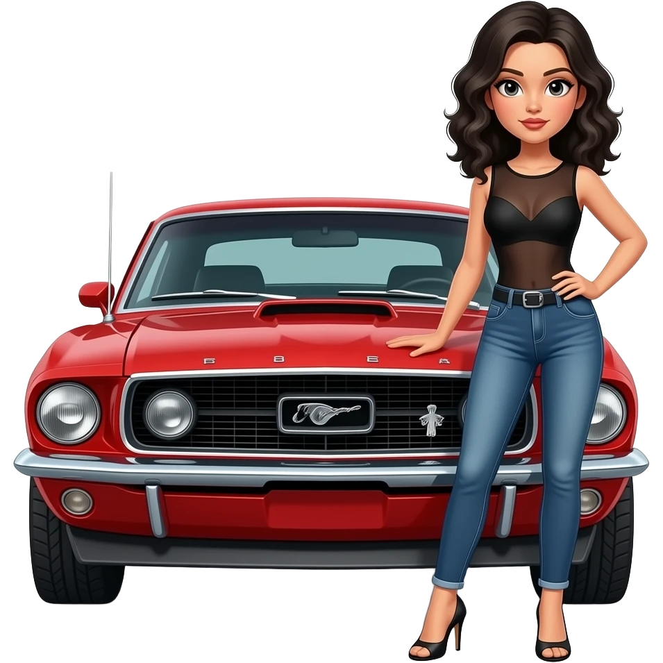 Pale girl with black wavy hair standing on the front right of a red Ford Mustang 1968 coupe. Girl wearing a sheer black sleeveless top with a medium neckline, jeans and heels with visible toes. Left hand on the hood and right hand on her waist. emoji