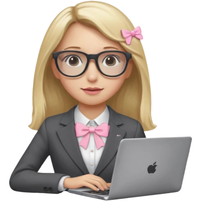 Please take the girl with laptop emoji and make her glassess light brown and her nose a bit smaller and pointier and she has blonde long hair and a dark grey suit and pearls, and has a laptop in fron of her and a tiny pink bow on the left side of her head emoji