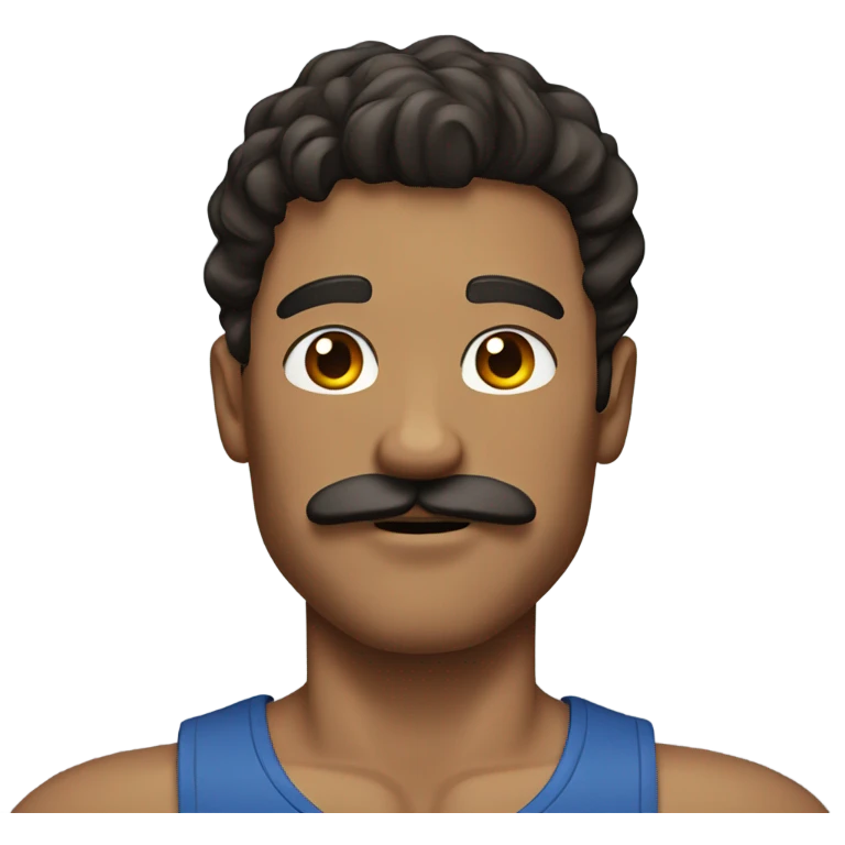 Man with wavy dark brown hair, a mustache and muscles emoji