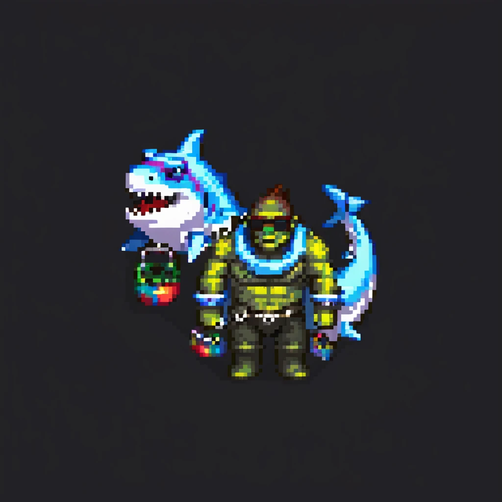 orc male standing in a shark-shaped inflatable floatie, with big sunglasses and a whistle necklace, pixel art style emoji