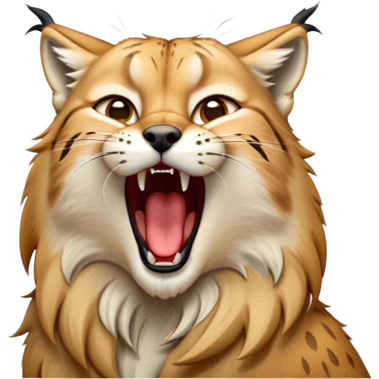 Cinematic-detailed-Yawning-Lynx-Portrait-Emoji – Head tilted slightly with a dramatic, wide-open yawn, revealing a sleek golden-brown fur coat with subtle spots, signature black ear tufts standing tall, round amber eyes barely open in drowsy contentment zoomed out to show the shoulders emoji