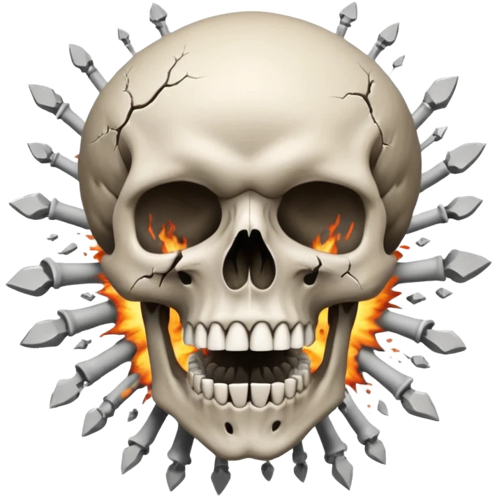 

Skull exploding into a mushroom cloud; cracks/fractures surround the blast. Detached lower jaw hangs loose with visible teeth. emoji
