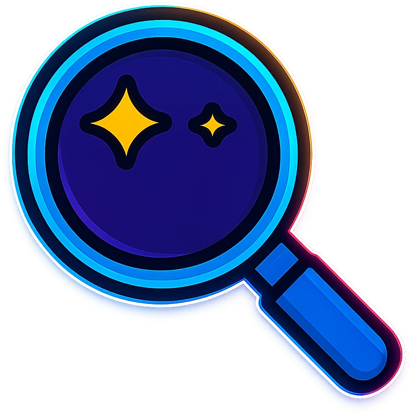 search icon with dark purple, blue, and black base, bright accents, complex gradients, stars, bright neon border, modern clean magnifying glass symbol, glow and lighting effects, sophisticated futuristic icon style emoji