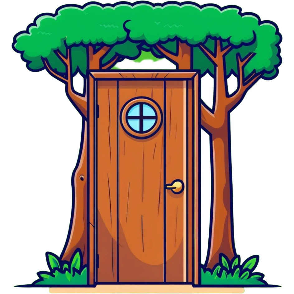 wooden door embedded in a tree, secret forest hideout vibe emoji