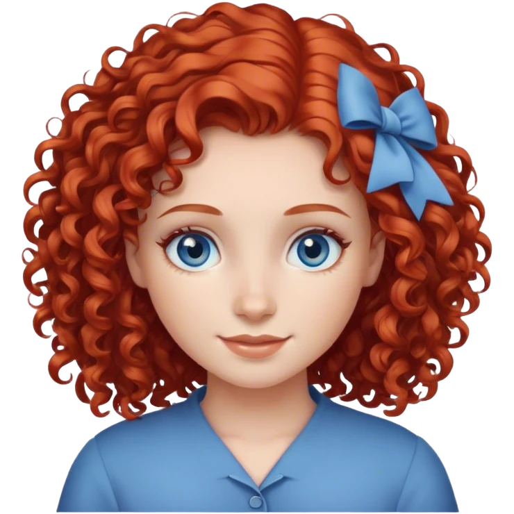 Girl with red curly hair, blue eyes and is smiling softly  emoji